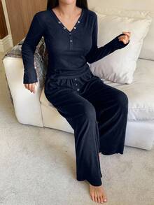 DAZY 舒适针织半拉链修身上衣和宽松睡裤女士睡衣套装，秋冬服装 - 藏蓝色 - 查看 3