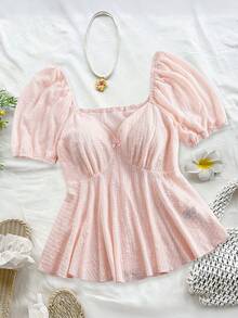 Sweetra Plus Size Fashionable Versatile Short Sleeve Textured T-Shirt, Spring/Summer - Pink - View 1