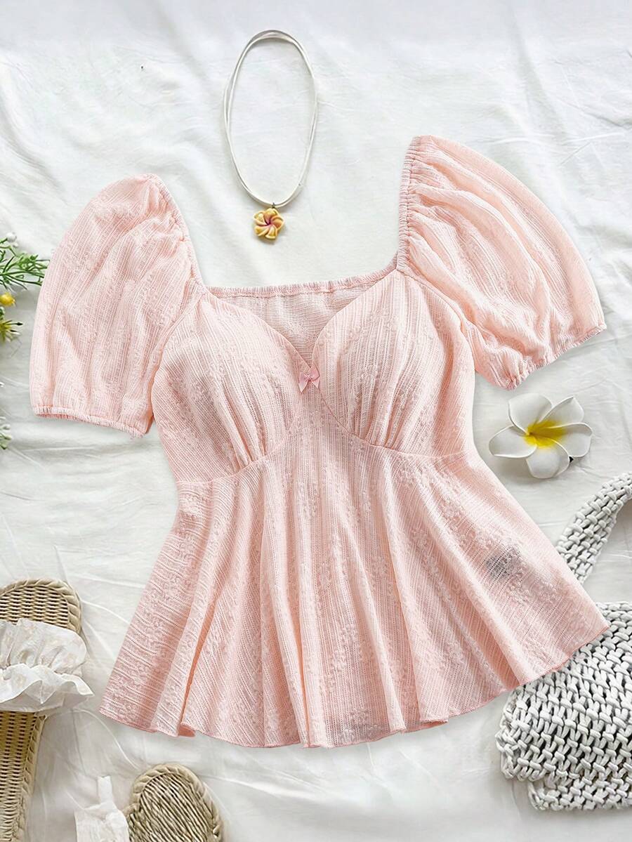 Sweetra Plus Size Fashionable Versatile Short Sleeve Textured T-Shirt, Spring/Summer - Pink - View 1
