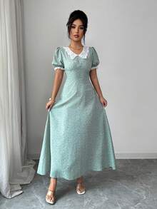 Modelyn French Ditsy Floral Puff Sleeve Waist Cinched Slim Fit Dress - Green - View 5