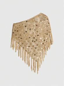 ROMWE Avant Vacation Style Brown Sequin Fringe Crochet Shawl Top - Brown - View 2