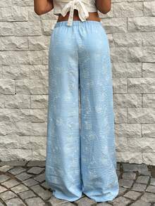 SHEIN SunnyBelle 女士碎花蓝色低腰裤，带口袋，时尚休闲沙滩装，适合夏季和春夏穿着 - 藍色 - 查看 2