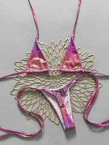 Swim SXY 性感泳装两件套，蛇纹挂脖三角文胸配侧系带丁字裤，春夏海滩度假 - 玫紅色 - 查看 1