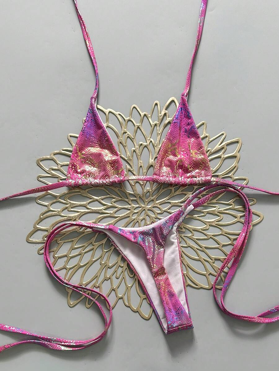 Swim SXY 性感泳装两件套，蛇纹挂脖三角文胸配侧系带丁字裤，春夏海滩度假 - 玫紅色 - 查看 1