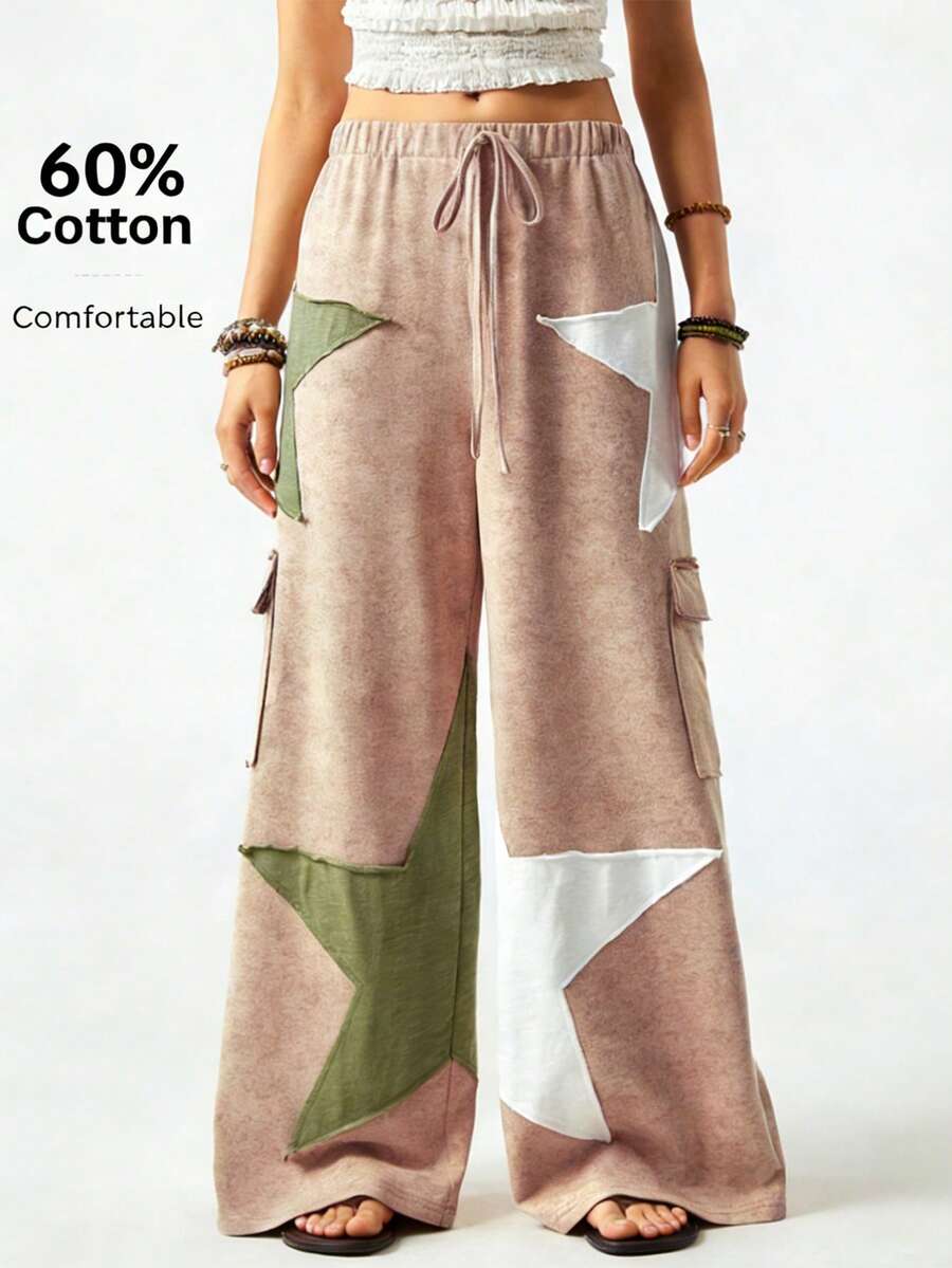 SoleilVie 时尚粉色撞色星星贴片裤，抽绳常规腰宽松阔腿裤，多口袋设计，街头时尚个性休闲裤，拼接裤，波西米亚风裤，嬉皮风裤，阔腿裤，女裤 - 粉色 - 查看 1