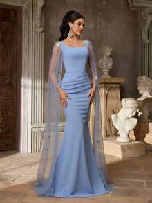 Aureia Elegant Blue Elastic Knit Square Neck High Waist Slimming Mesh Sheer Extra Long Flare Sleeve Luxurious Rhinestone Embellished Fishtail Maxi Dress, Suitable For Weddings, Singles Parties, Dates, Vacations - Dusty Blue - View 4