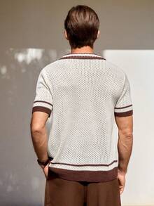 Manfinity CityGents 男士休闲撞色滚边短袖针织上衣，夏季 - 杏色 - 查看 3