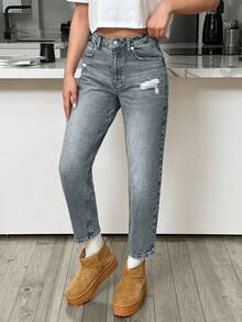 EURMUSE HIGH RISE MOM CUT RIPPED WOMEN JEANS - Light Wash - View 7