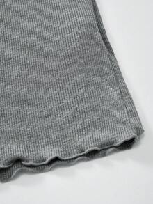 Ocili Bộ đồ ngủ gồm áo dài tay cổ vuông màu trơn và quần dài cho nữ - Màu xám đen - Xem 4