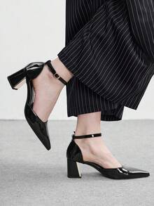 CUCCOO BIZCHIC 女鞋 女士尖头粗跟中跟黑色踝带镂空女式高跟鞋 时尚舒适通勤商务百搭女式镂空鞋 - 黑色漆皮 - 查看 5