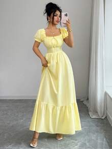 Elenzga Đầm nữ mới, chất liệu vải dệt nhăn, tay phồng, buộc dây phía trước, hở lưng, thắt eo, tôn dáng, thanh lịch, phù hợp cho kỳ nghỉ, hẹn hò thường ngày, trẻ trung và tinh tế. - Màu vàng - Xem 8