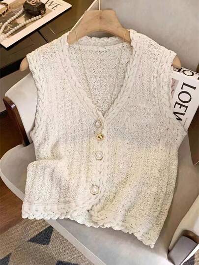 GlowEve Women's Fashion V-Neck Retro Sweet Cable Knit Sleeveless Solid Color Versatile Cardigan Vest