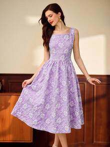 Vintamour Vintage Damen Kleid mit quadratischem Ausschnitt und ohne Ärmel, weiß und blau mit Blumenmuster, Sommer, elegant, Hochzeitsgast Geburtstag Outfit, Old Money Stil Kirche Kleid mit Taschen - Mauve - Übersicht 6