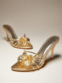 SHUZIA Women's Sexy Point Toe Gathered Vamp With Flower Slip-On Heeled Sandals For Christmas Valentine's Day Summer Shoes - Gold - View 7