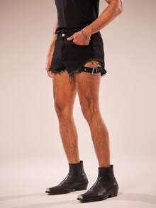 FeverCity Men's Distressed Pocket Denim Washed Elastic Loose Shorts - Black - View 6