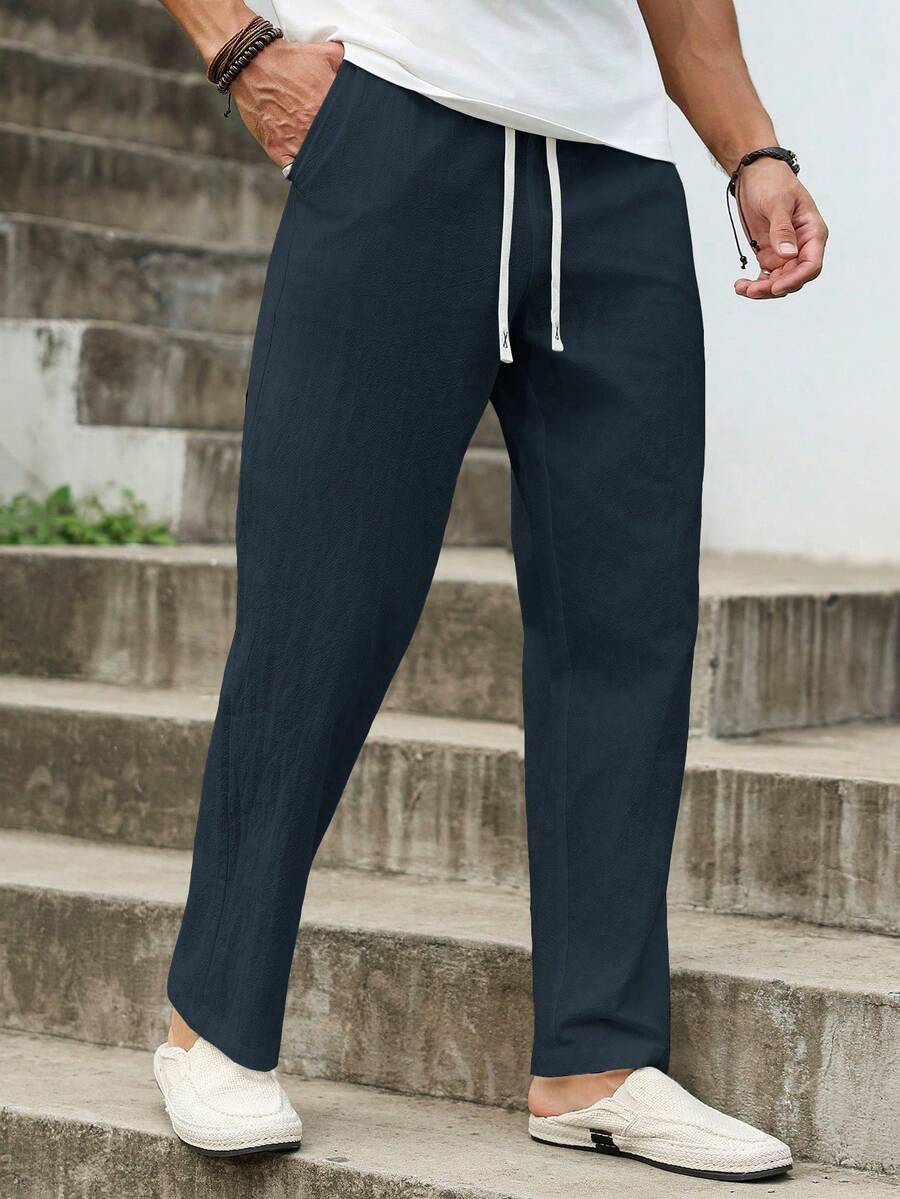 Manfinity RSRT Men's Cotton Linen Wrinkled Loose Fit Pants - Navy Blue - View 1
