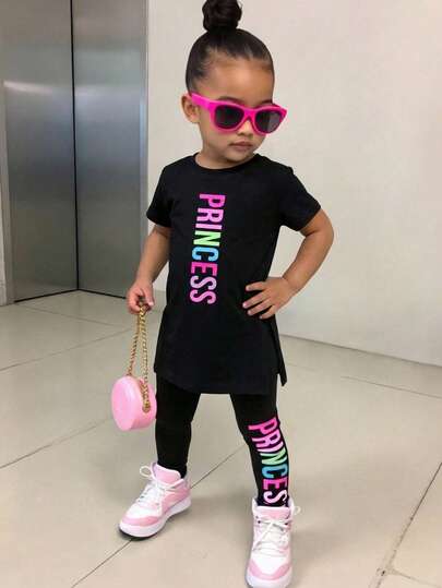 SHEIN Baby Girl Letter Print Round Neck Short Sleeve T-Shirt And Pants Casual Outfit