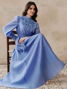 Anewsta 春夏优雅女士立领前褶裥花卉装饰袖口泡泡袖A字腰中长连衣裙 - 藍色 - 查看 1