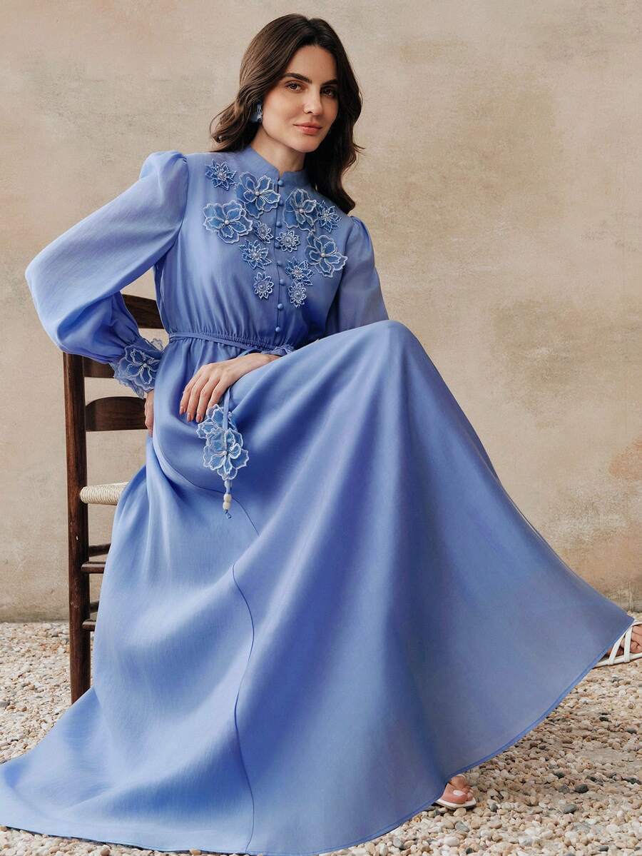 Anewsta 春夏优雅女士立领前褶裥花卉装饰袖口泡泡袖A字腰中长连衣裙 - 藍色 - 查看 1