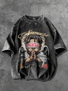 Manfinity EMRG Áo thun nam tay ngắn cổ tròn in chữ thiên thần, kiểu dáng thường ngày, đa năng. - màu đen - Xem 1