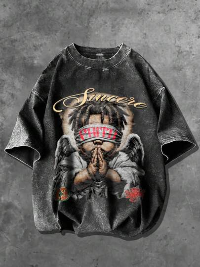 Manfinity EMRG Men's Dark Grey Acid Wash Angel Bear Print Oversized T-Shirt | Vintage Streetwear Praying Teddy Wings Graphic Tee | Y2K Hip Hop Style Faith Slogan Distressed Short Sleeve Top | Summer Holiday Casual Loose Fit Crew Neck Washed Shirt,Men's Round Neck Angel Letter Print Casual Versatile Daily Short Sleeve T-Shirt Washed Graphic Tee Streetwear Tee Vintage Graphic Tee