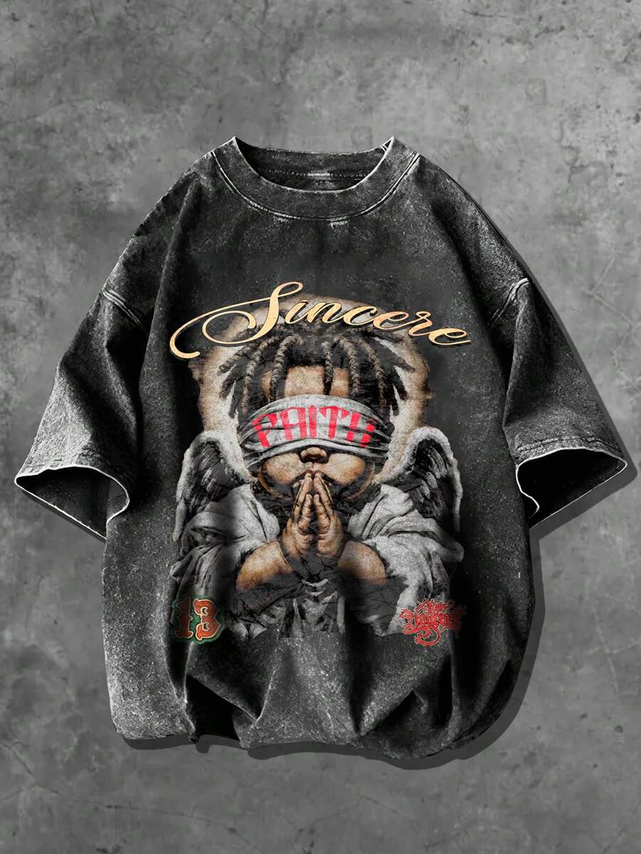 Manfinity EMRG Men's Dark Grey Acid Wash Angel Bear Print Oversized T-Shirt | Vintage Streetwear Praying Teddy Wings Graphic Tee | Y2K Hip Hop Style Faith Slogan Distressed Short Sleeve Top | Summer Holiday Casual Loose Fit Crew Neck Washed Shirt,Men's Round Neck Angel Letter Print Casual Versatile Daily Short Sleeve T-Shirt Washed Graphic Tee Streetwear Tee Vintage Graphic Tee - Black - View 1