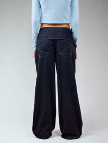 COUREZ Baggy Jeans With Bow Tie Waistband /Y2K Low Rise Jeans Fall Women Clothes Fall Clothes Going Out Outfits Low Waist Jeans - Navy Blue - View 3