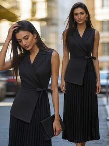 Balvessa Black Blazer Collar Wrap Tie Pleated Elegant Dress For Women - Black - View 3