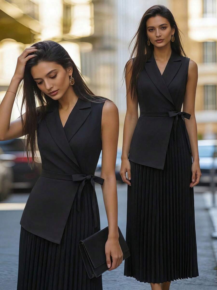 Balvessa Black Blazer Collar Wrap Tie Pleated Elegant Dress For Women - Black - View 1