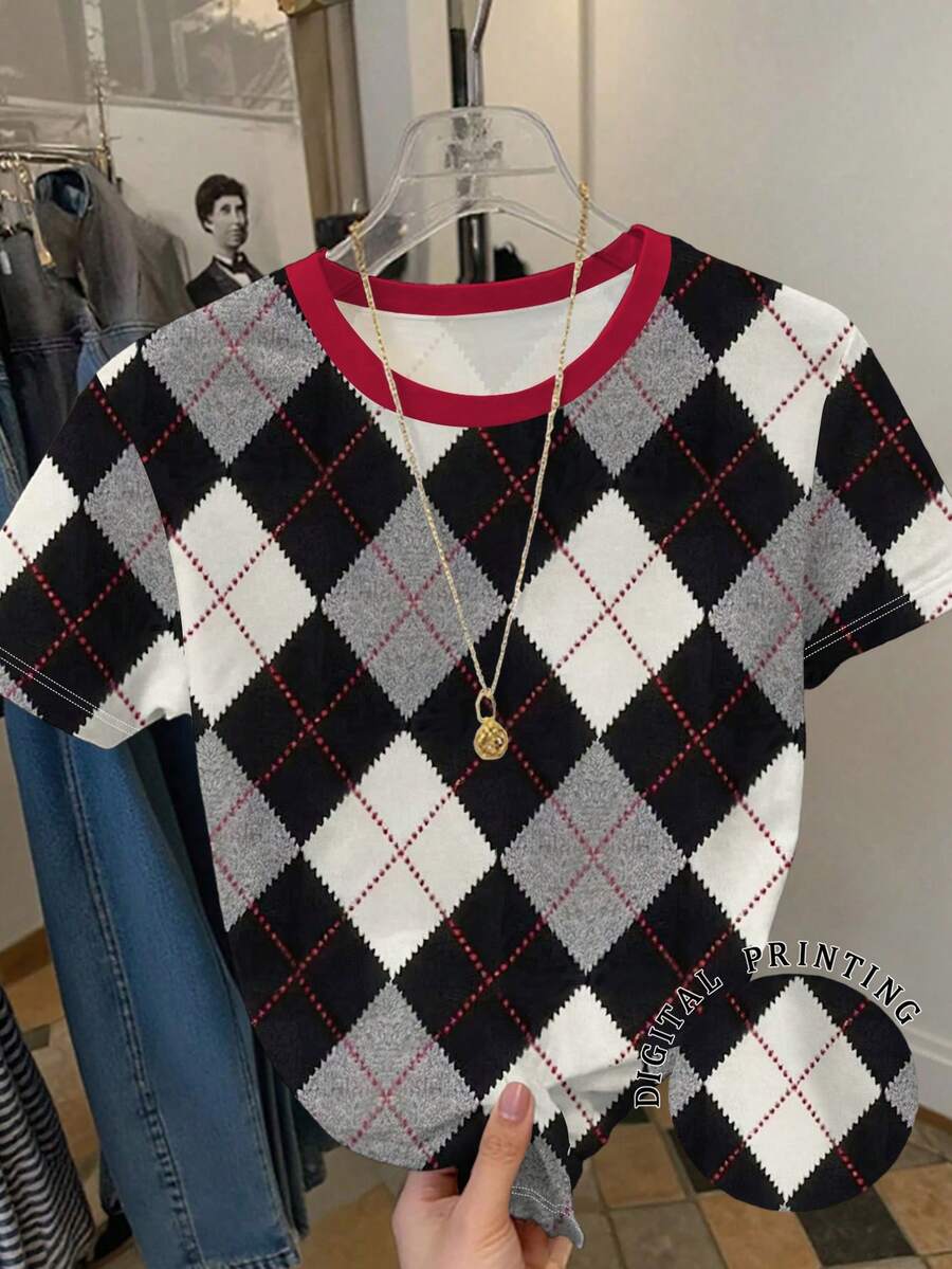 Resyla 女士休闲菱形印花撞色滚边圆领短袖T恤，夏季 - 彩色 - 查看 1