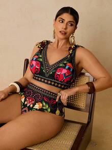 Travachic 大码热带印花度假休闲沙滩露背波西米亚风印花女式两件套泳衣 - 黑色 - 查看 1