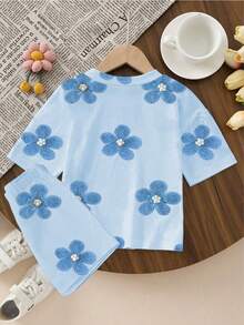 1 Set Baby Mädchen Lässig Komfortable Mode Süß Niedlich Blume Muster Kurzarm T-Shirt und Shorts Set, Frühling bis Sommer Outfit, Hellblau Frisch Sommer Outfit - Verschiedenfarbig - Übersicht 2