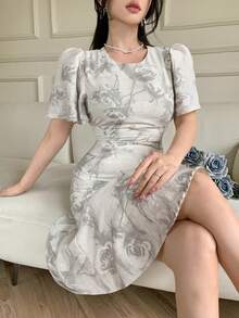 DAZY Women's Round Neck Raglan Short Sleeve Fitted Elegant Mid-Length Summer Dress - Light Grey - View 7