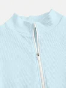 Dewbera Solid Color Short Sleeve Fitted Sports Jumpsuit Bodysuit Romper Zip Up Romper Seamless Romper Blue Bodysuit Ribbed Romper Tummy Control Romper - Mint Blue - View 4
