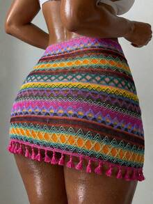 Swim Vcay 女士彩色流苏装饰打结下摆沙滩罩裙，适合春夏海滩度假 - 彩色 - 查看 2