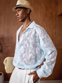 AKNOTIC Business Casual Men's Semi-Sheer Front Button Long Sleeve Casual Shirt Graphic Shirt Light Blue Graphic Shirt Sheer Shirt Men Light Blue Shirt Collared Shirt - Baby Blue - View 5