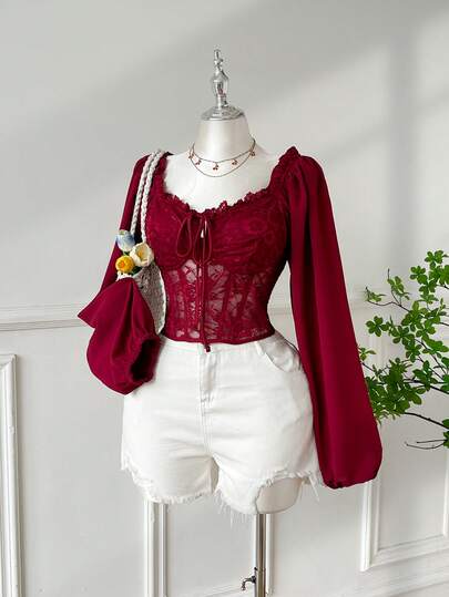 Comfortcana Plus Size Women Lantern Sleeve Lace Patchwork Square Collar Padded Blouse, Romantic For Dates And Parties, Autumn/Winter Lacey Top