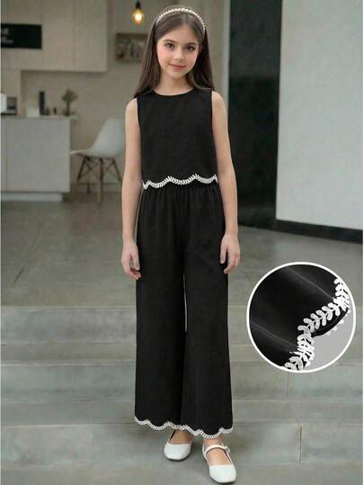 SHEIN Tween Girls Casual Commuter Black Round Neck Hem Tape Trim Tank Top And Leggings Set