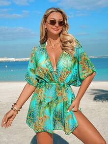 Swim Vcay Women's Leopard & Chain Print V-Neck Cinched Waist Swimsuit Cover Up, Fashionable For Holiday Beach - Multicolor - View 3