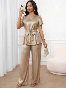 SHEIN Lady 两件套女士优雅纯色圆领短袖上衣和裤子套装 - 金色 - 查看 3