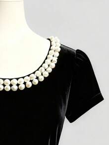 SHEIN Franclia 女士优雅派对珍珠装饰开衩连衣裙 - 黑色 - 查看 3