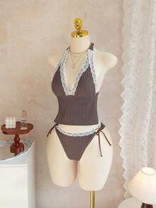 Swim Mod Women's Polka Dot Lace Trim Tie Front Tankini Swimwear Set, Cute Beach Music Style, Spring/Summer - Multicolor - View 6