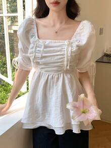 FRIFUL Women's Square Neck Pleated Ruffle Petal Sleeve Hem Patchwork Loose Casual Vacation Blouse - White - View 4