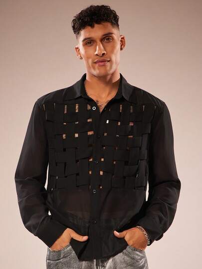 FeverCity Men's Semi-Transparent Button-Down Long Sleeve Shirt