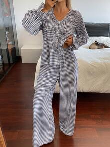 DAZY 可爱格子荷叶边女士睡衣套装 - 藍色 - 查看 8