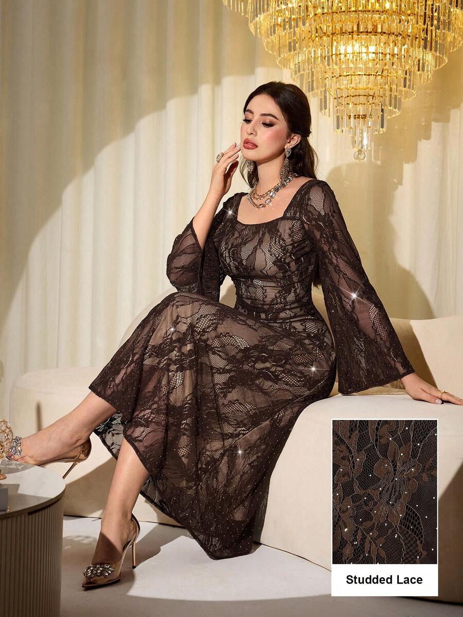 Modelyn French Square Collar Lace Rhinestone Embellished Fitted Long Sleeve Elegant Midi Dress For Women