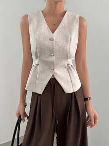 DAZY Women's V-Neck Sleeveless Backwaist Tie Urban Casual Thin Blazer - Khaki - View 6