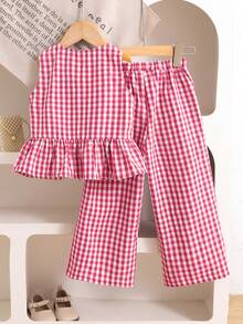 Emery Rose Kids Emery Rose Kids 两件套少女格子圆领修身休闲上衣和宽松休闲裤套装 - 玫紅色 - 查看 2