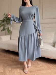 DAZY Conjunto de 2 piezas de blusa de manga abullonada de unicolor y elegante y falda con cintura anudada, para primavera/verano - Azul - Ver 4