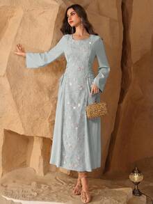 Al Najma Elegant Beaded Embroidery Round Neck Arabic Style Dress For Women - Green - View 7